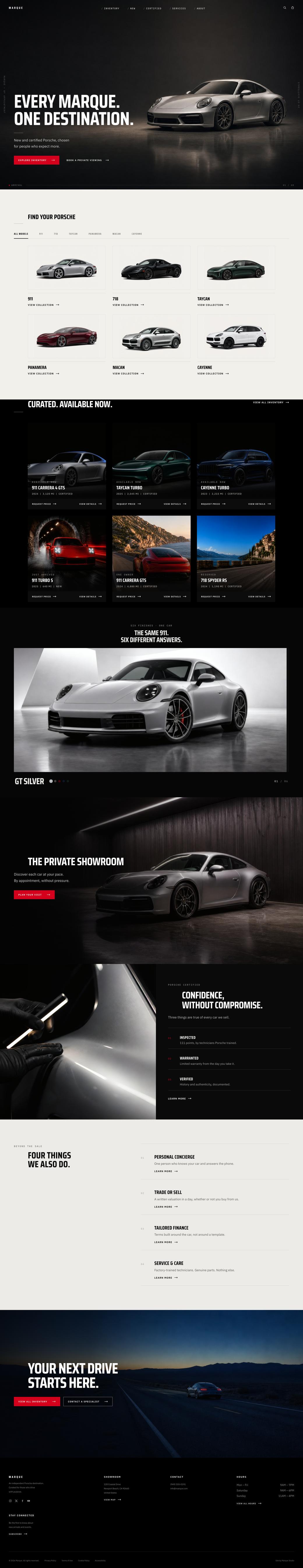 Marque, whole page: a lit sports car in a near-black fold, a six-model range grid, an inventory rail, the six-finish spectrum section, a private showroom, an assurance strip and a desert road at dusk.