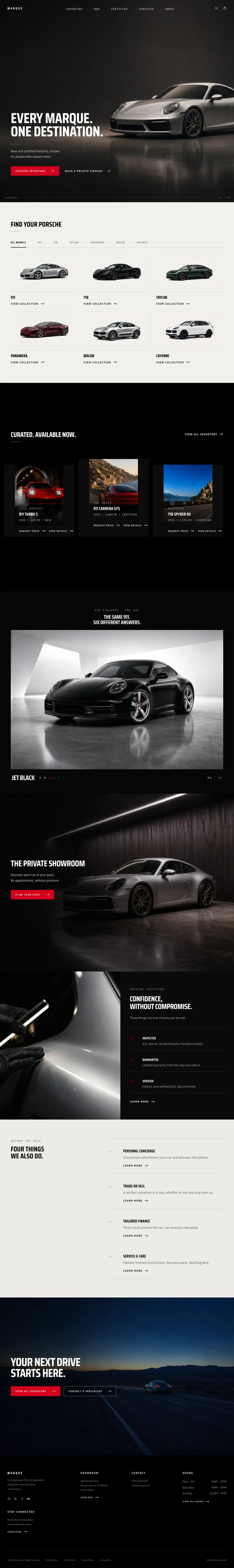 Marque, whole page: a lit sports car in a near-black fold, a six-model range grid, an inventory rail, the six-finish spectrum section, a private showroom, an assurance strip and a desert road at dusk.