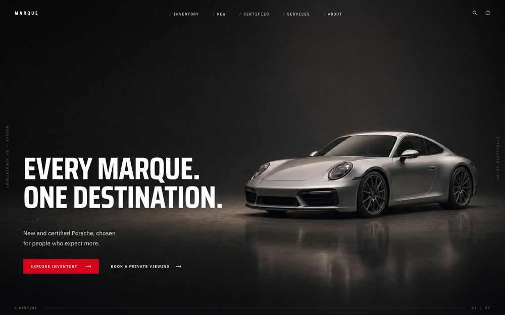 Marque — a near-black dealer page with a lit sports car in the fold