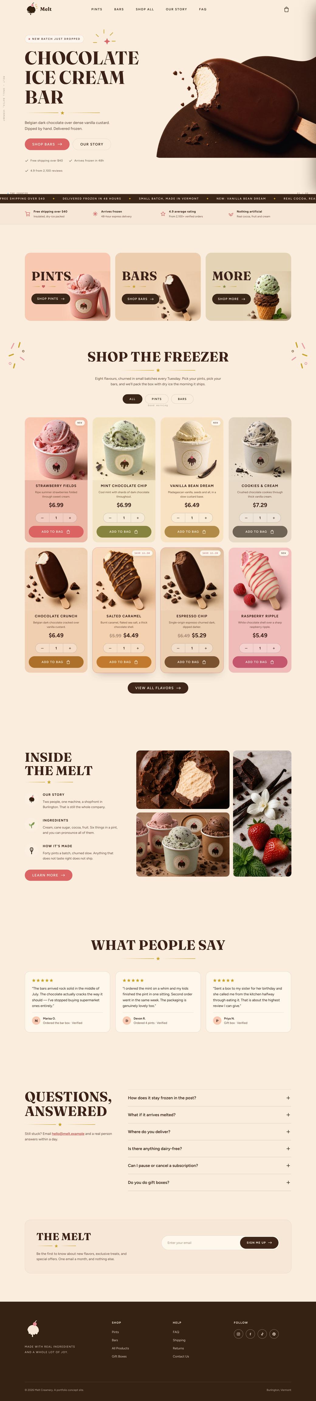 Melt, whole page: a chocolate bar hero on cream, three category tiles, a freezer grid of eight flavours with prices and quantity steppers, the kitchen story, reviews and an FAQ.