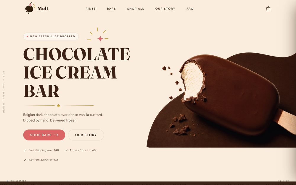 Melt — a cream shop front with a chocolate-dipped ice cream bar