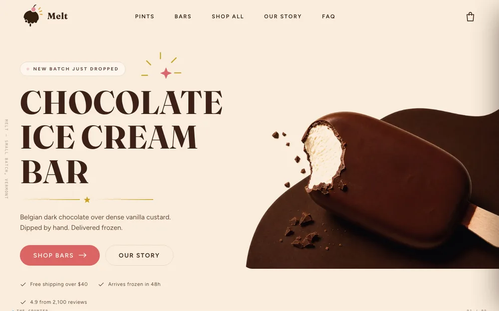 Melt — a cream shop front with a chocolate-dipped ice cream bar