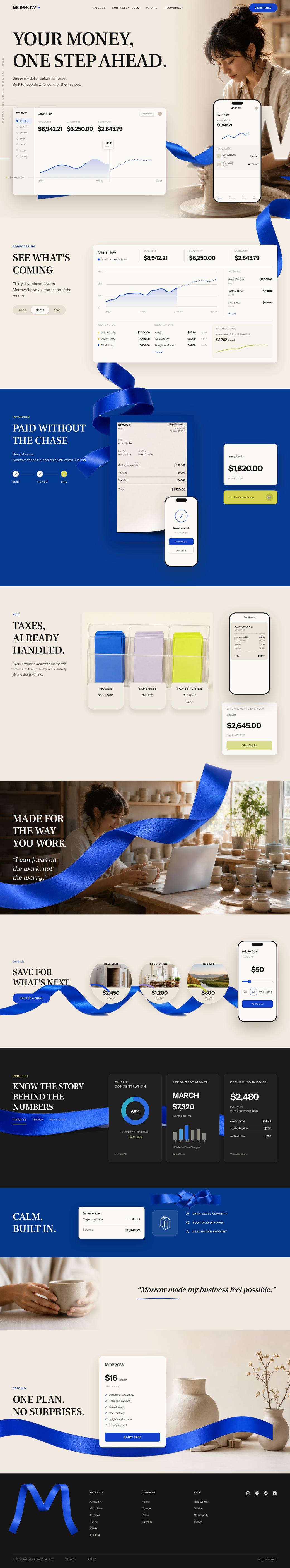 Morrow, whole page: a cream fold with a cash-flow chart, a blue ribbon threading down through invoice, tax and savings screens, a dark insights section and a plan comparison.