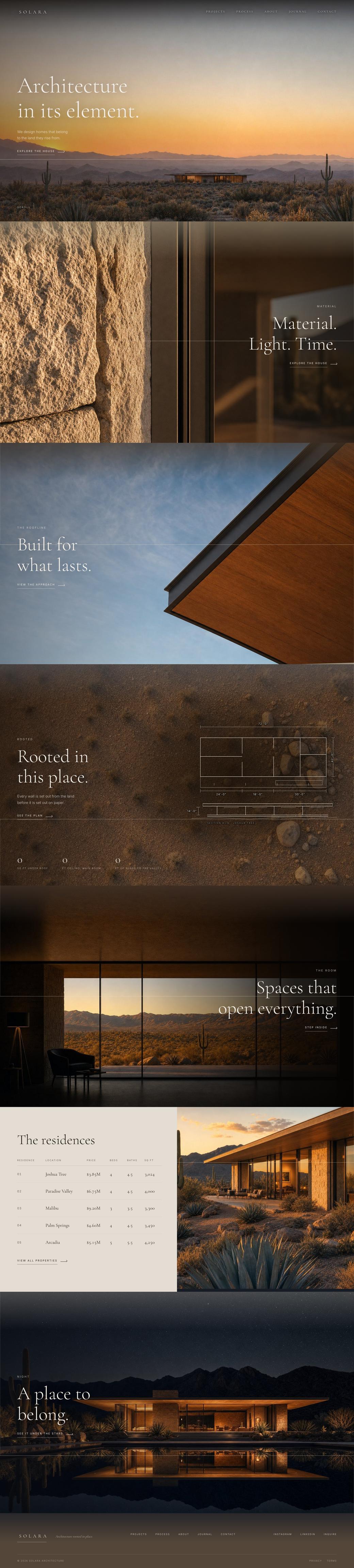 Solara, whole page: a desert house at golden hour, close stone and glass, a roof against blue sky, a night reveal, the residences table, and a lit house at dusk.