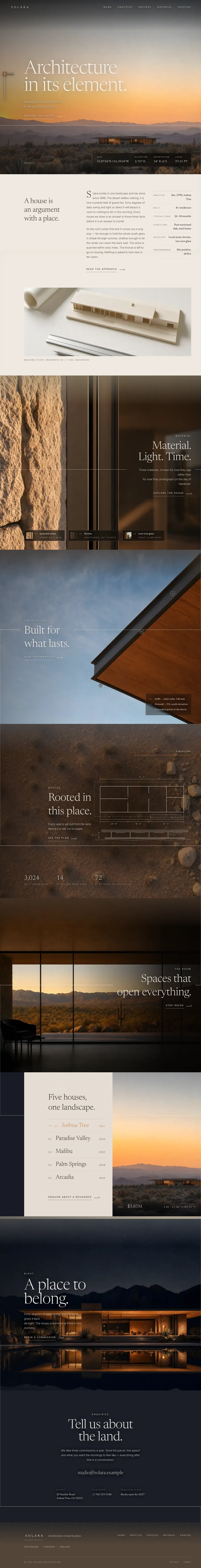 Solara, whole page: a desert house at golden hour, close stone and glass, a roof against blue sky, a night reveal, the residences table, and a lit house at dusk.
