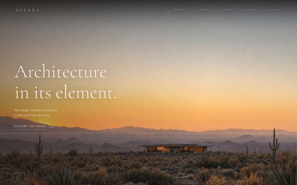 Solara — a desert house at golden hour under a wide sky