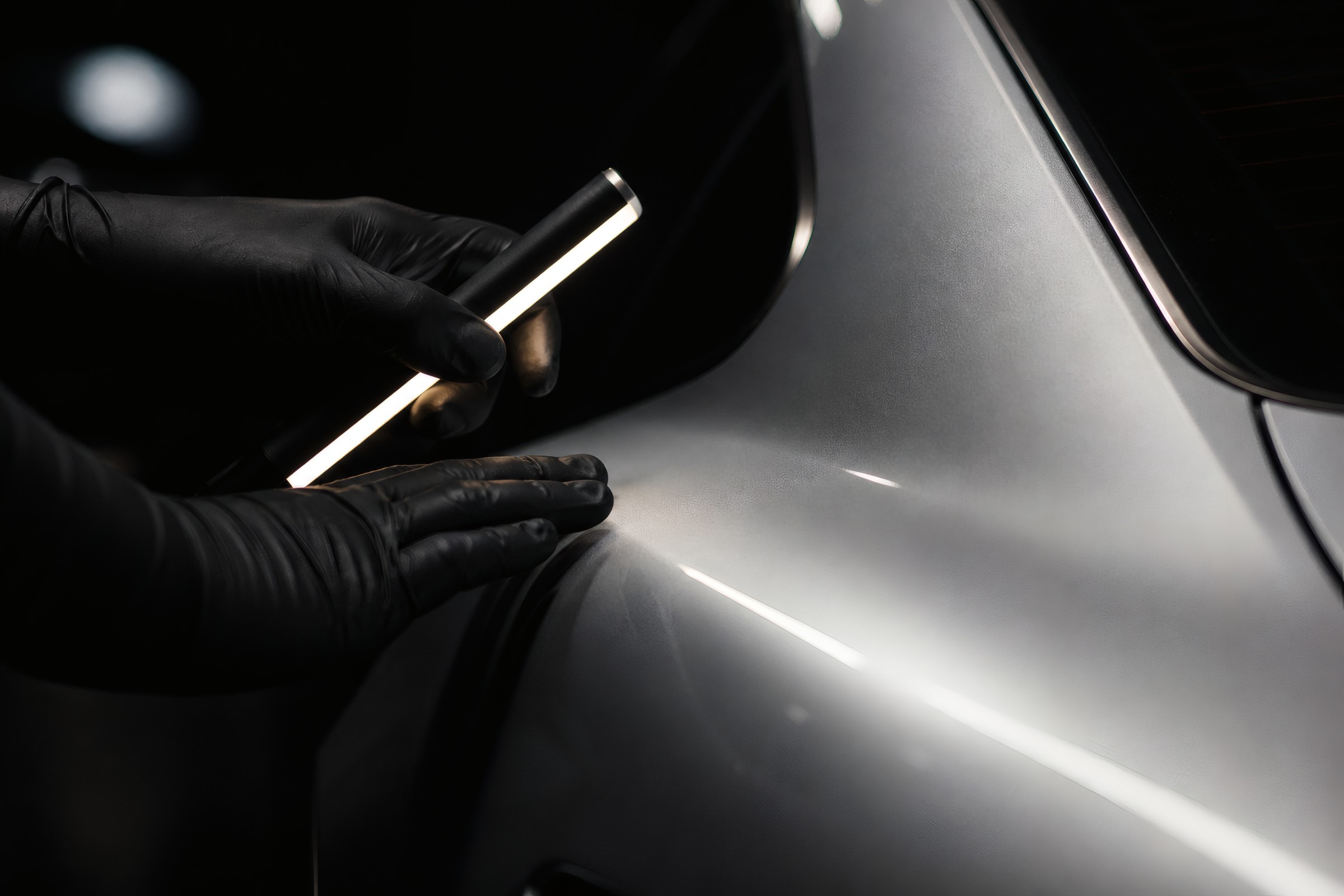 A gloved hand raking an inspection lamp along the rear haunch of a silver 911