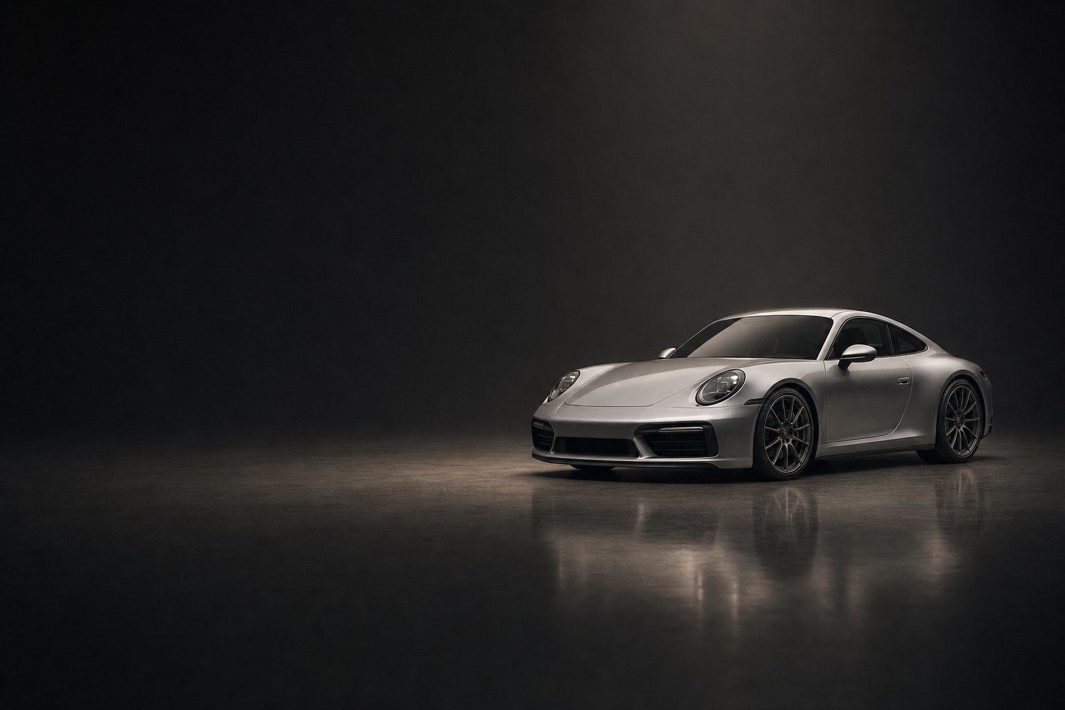 A single silver 911 alone in a dark room