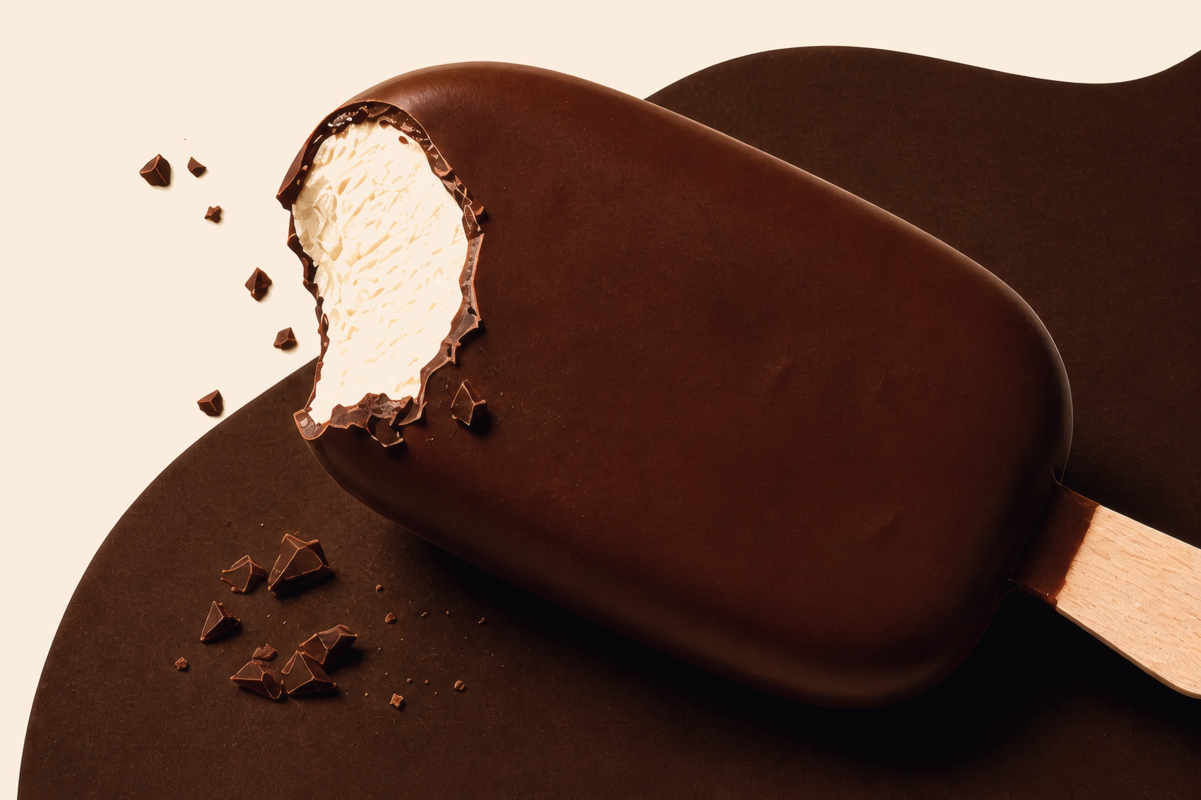 A chocolate-coated ice cream bar with a bite taken from it, resting on a sweep of dark chocolate