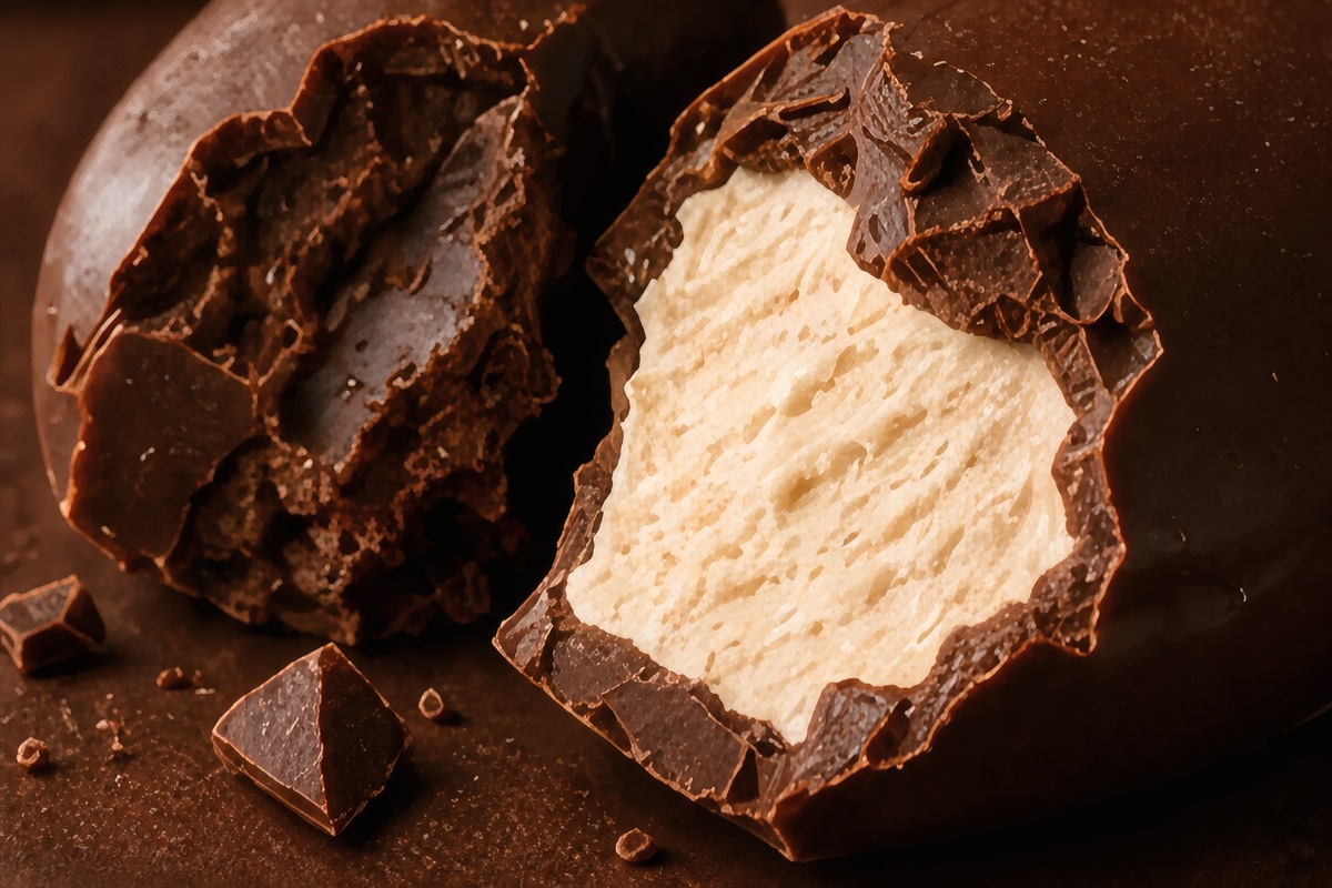 A broken chocolate bar revealing the vanilla centre