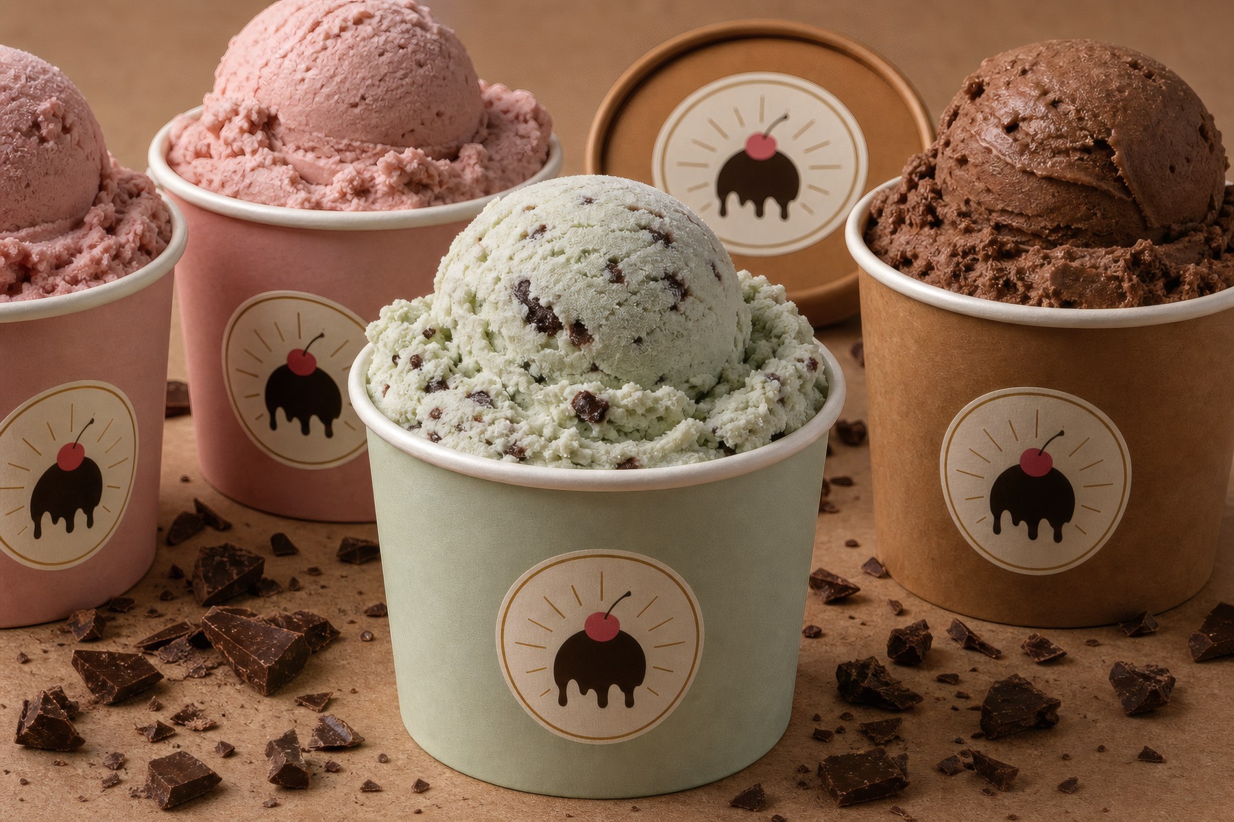 A row of open pints in strawberry, mint and chocolate