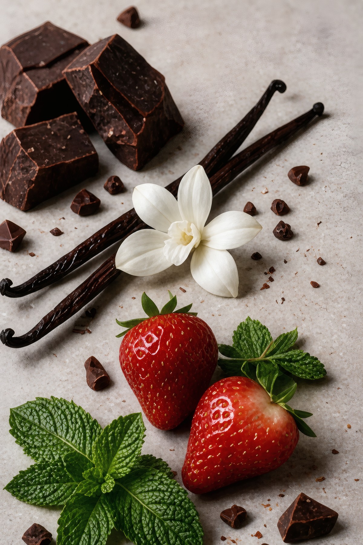 Vanilla pods, chocolate and fresh strawberries